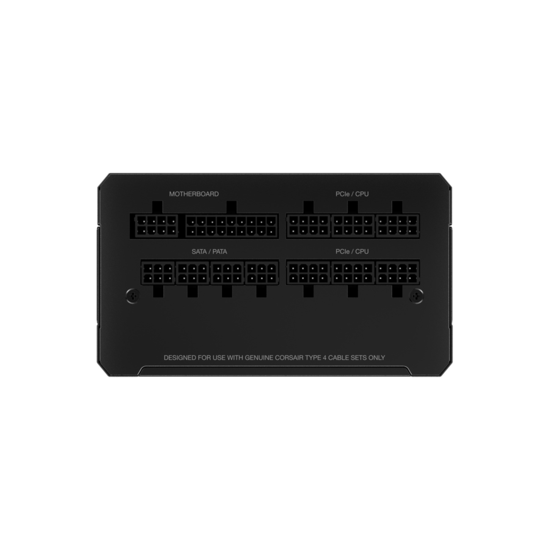 Czarny zasilacz z wieloma złączami, widok z góry.