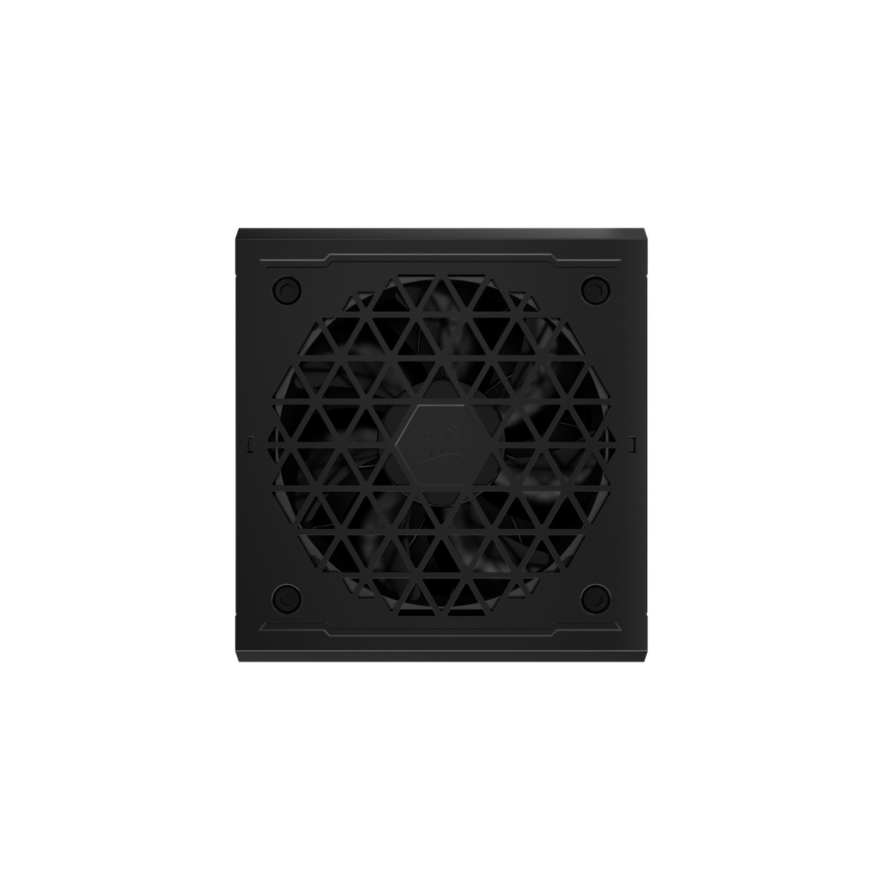 Czarny zasilacz z kratką wentylatora.