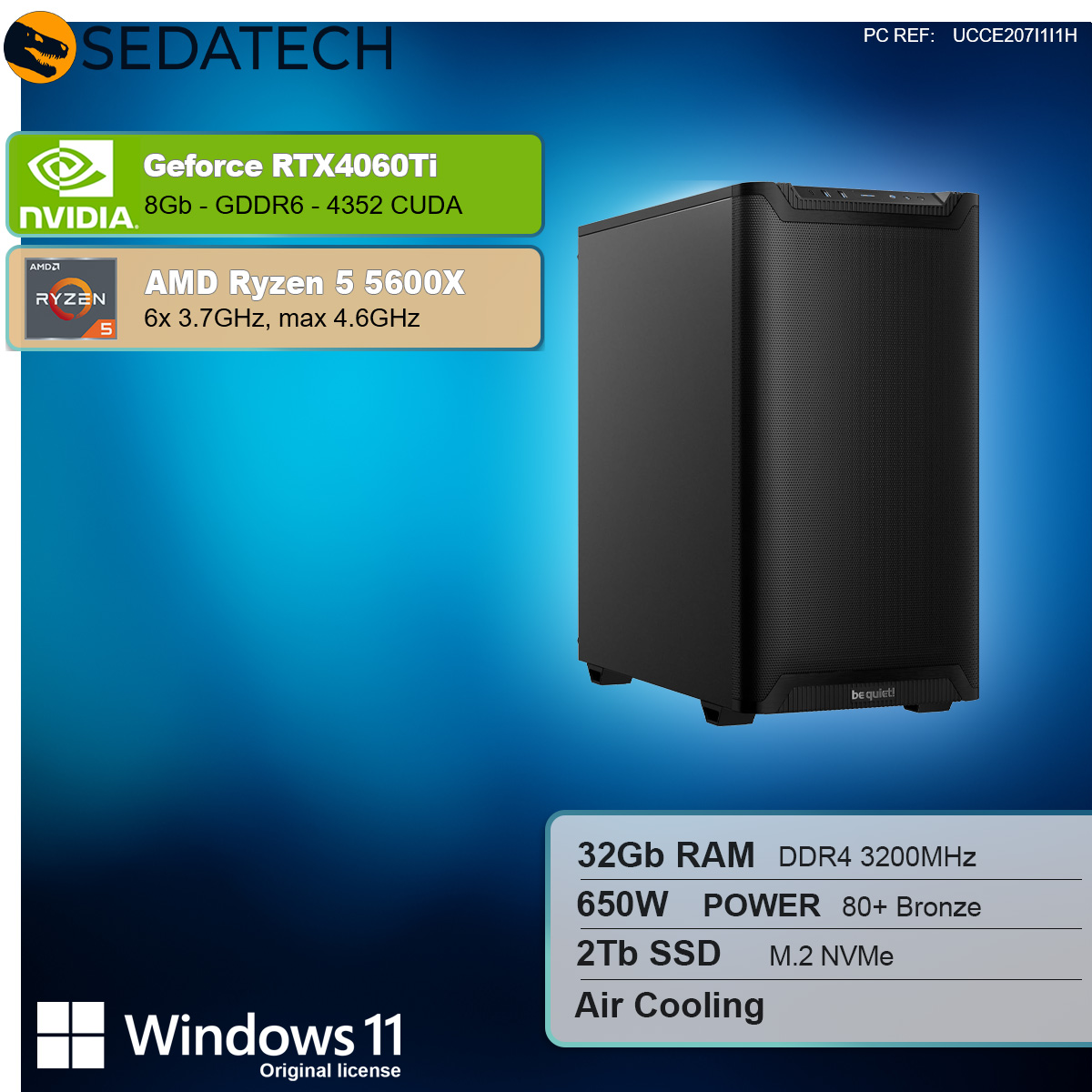Czarna obudowa komputera z otwartym panelem bocznym. Są pola tekstowe z informacjami o komponentach.