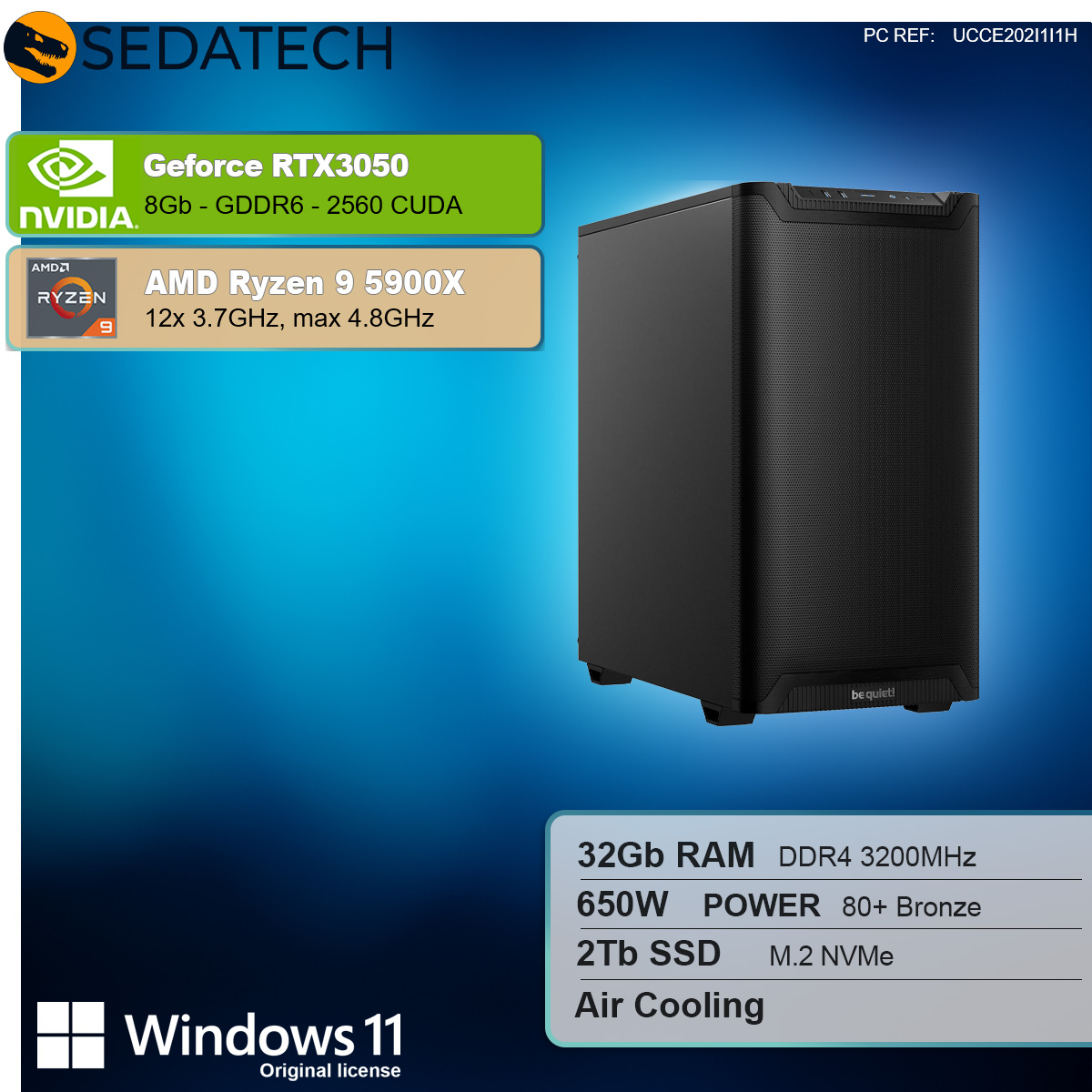 Obudowa komputera ze szczegółami: NVIDIA GeForce RTX 3050, AMD Ryzen 9 5900X, 32 GB RAM, 650W.