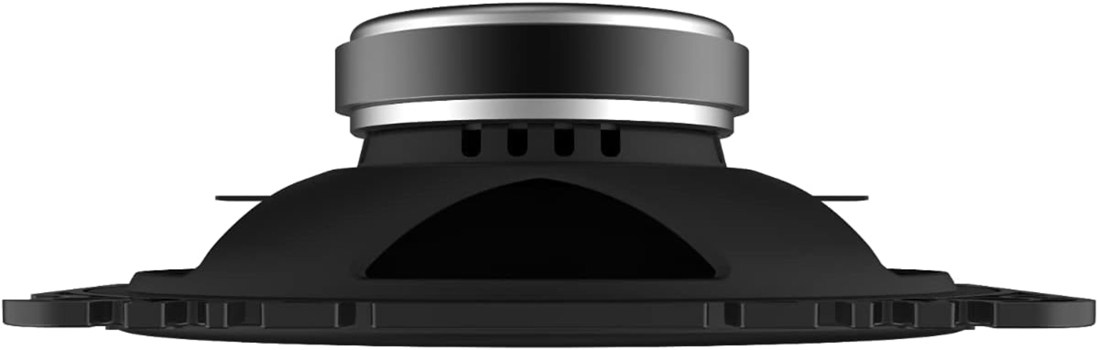 A black speaker component with a silver rim, against a white background.