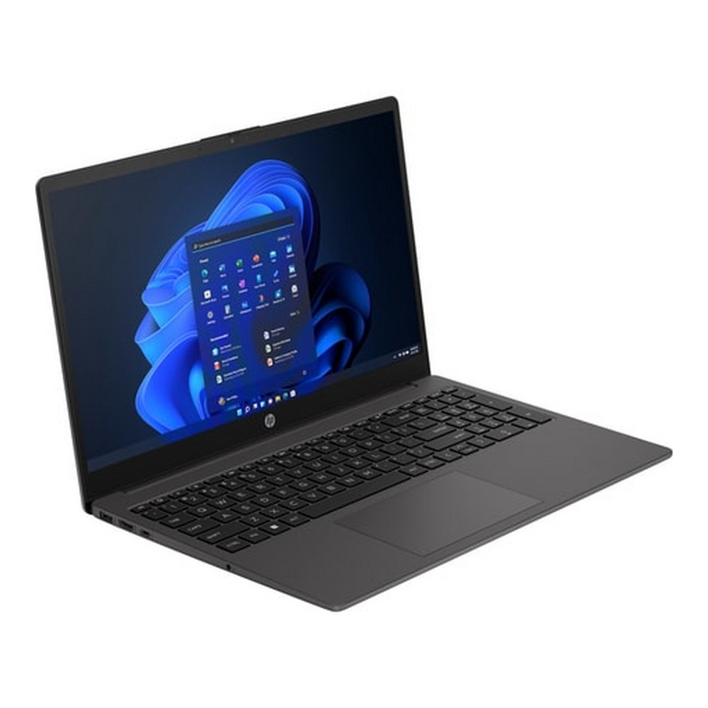 Laptop aperto, mostra un'interfaccia Windows 11. Colore grigio scuro, vista angolata.