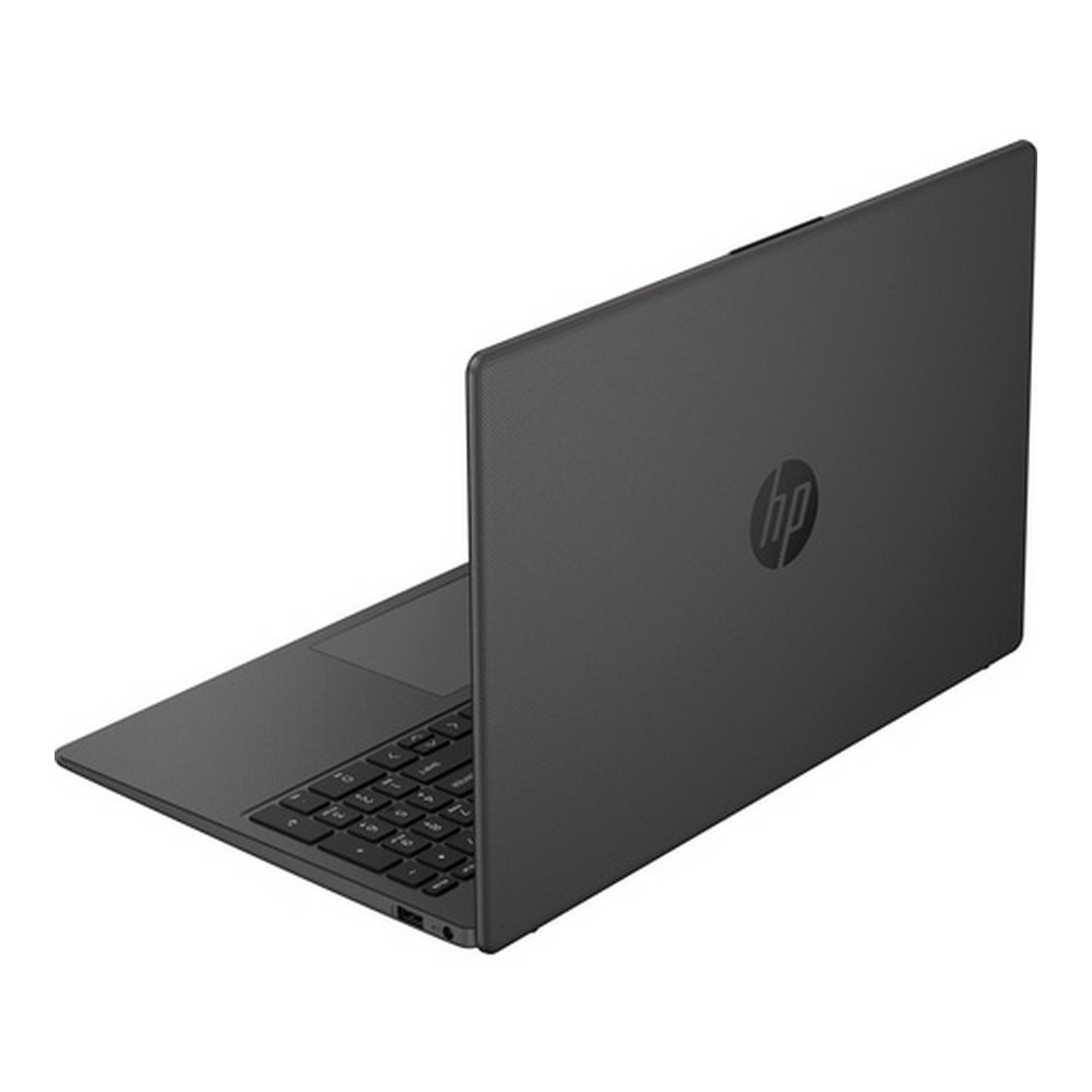 Un laptop grigio scuro, vista posteriore. Il logo HP è visibile sul retro.
