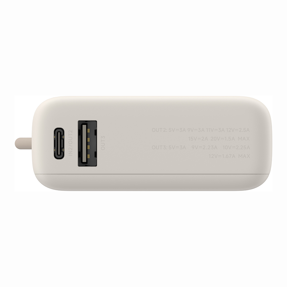 Jasny power bank z portami USB i USB-C, pokazujący specyfikacje wyjściowe.