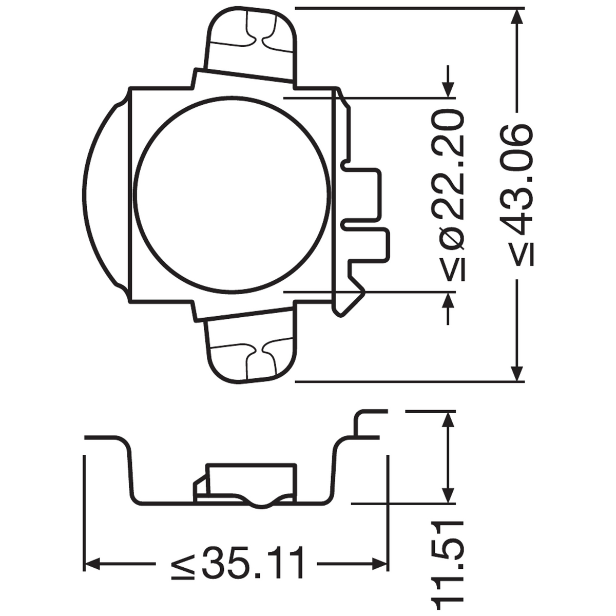 Technische Zeichnung eines kleinen elektronischen Bauteils. Zeigt Abmessungen und einen Querschnitt des Teils.