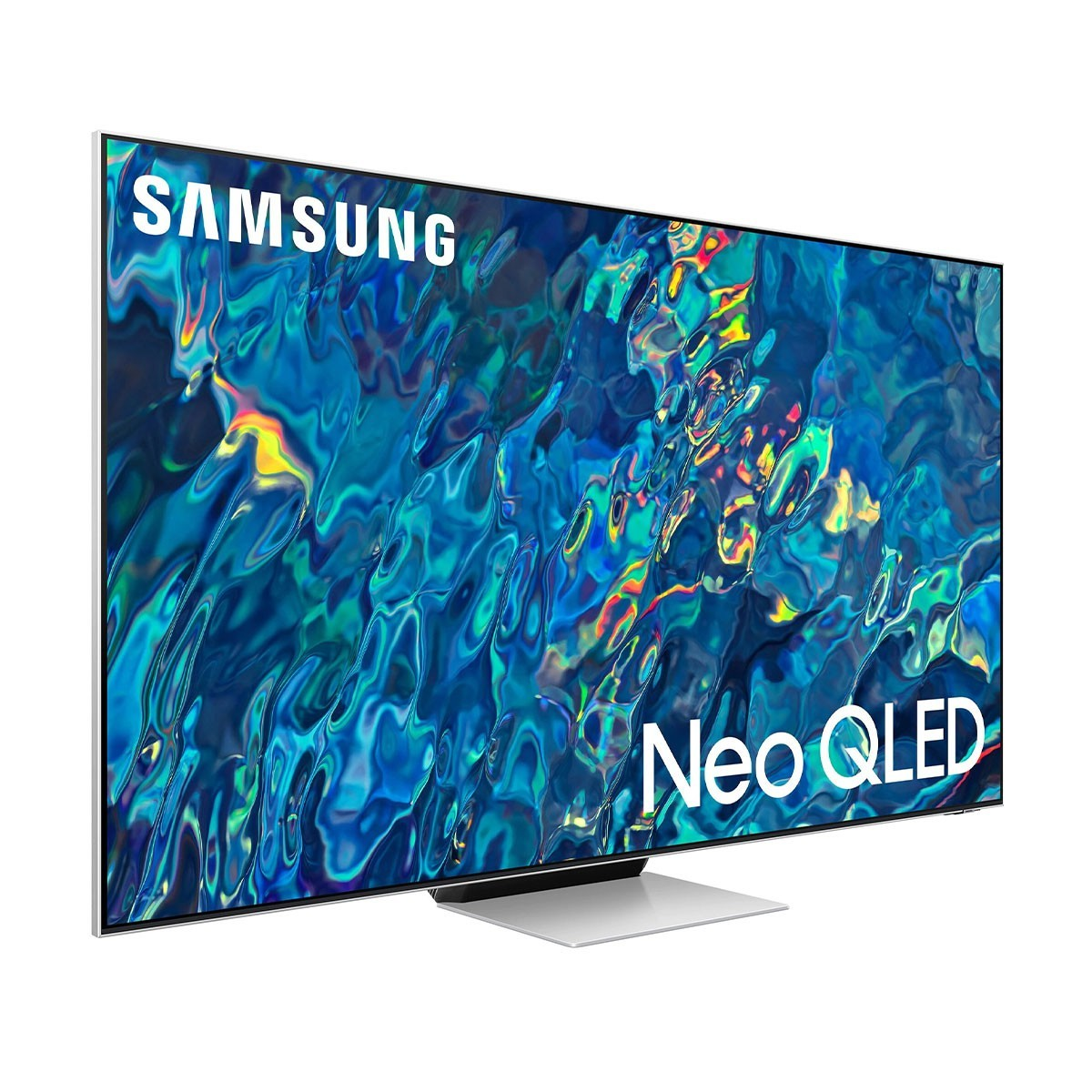 Un elegante televisor Samsung Neo QLED sobre un fondo blanco.