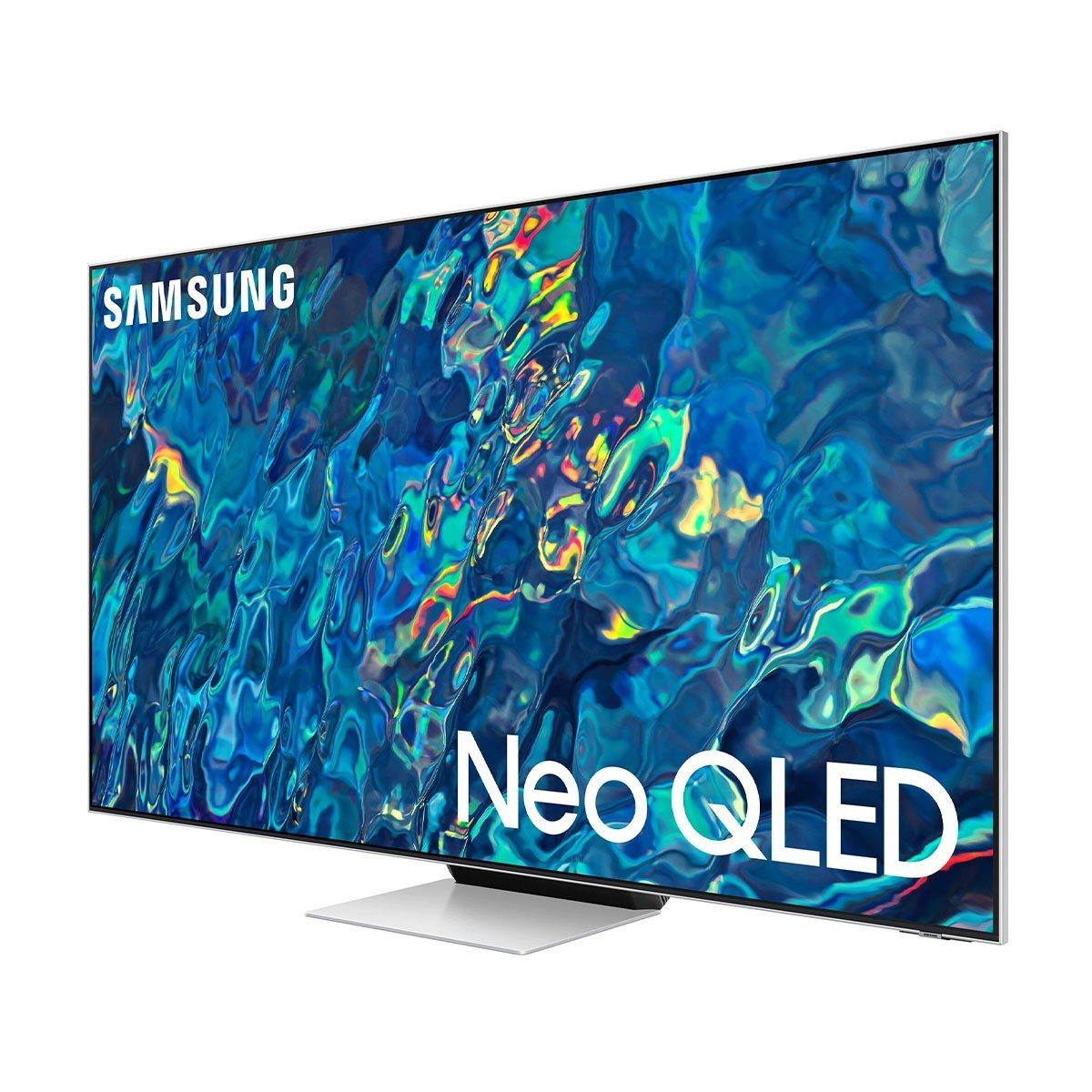 Un televisor Samsung Neo QLED sobre un soporte blanco, inclinado a la izquierda, con una pantalla azulada.
