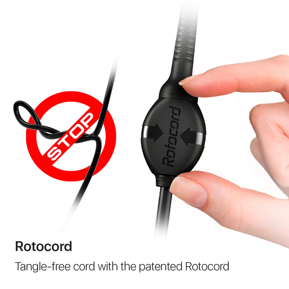 Ein Kabel mit Rotocord-Funktion und ein rotes STOP-Schild, das ein verheddertes Kabel blockiert.