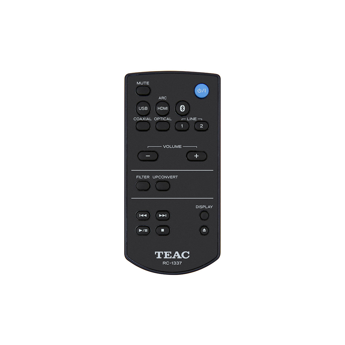 Schwarze TEAC-Fernbedienung mit Tasten: Stummschaltung, USB, HDMI, Lautstärke, Filter und Upconvert. Power-Taste blau.