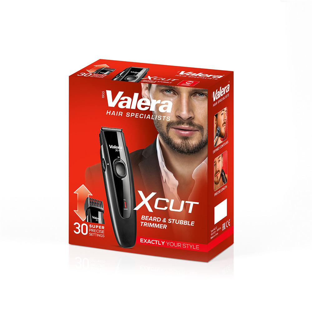 Pudełko produktu trymera do włosów Valera XCut ze zdjęciem mężczyzny.