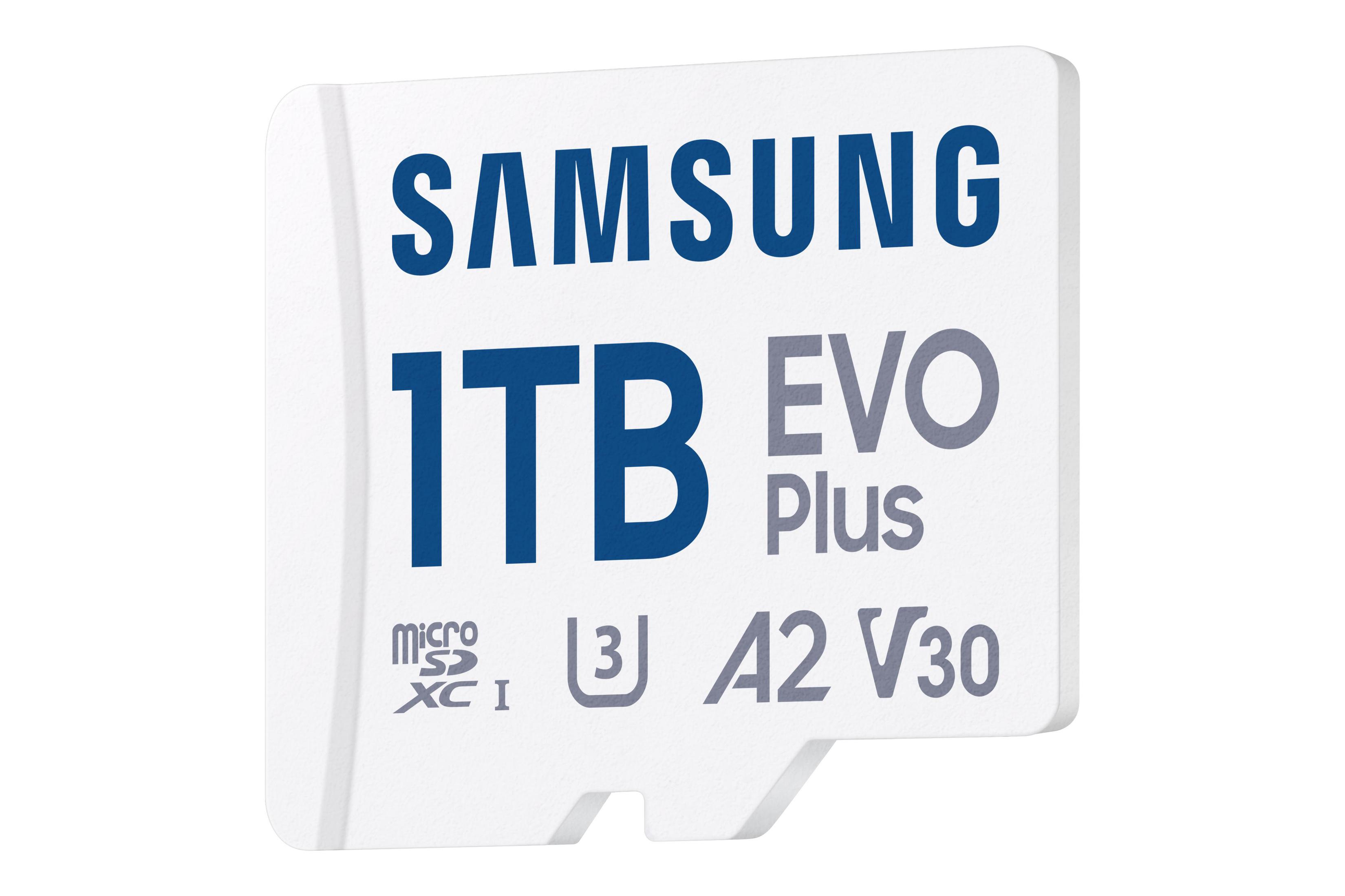 Biała karta microSD Samsung 1TB EVO Plus z tekstem i ikonami.