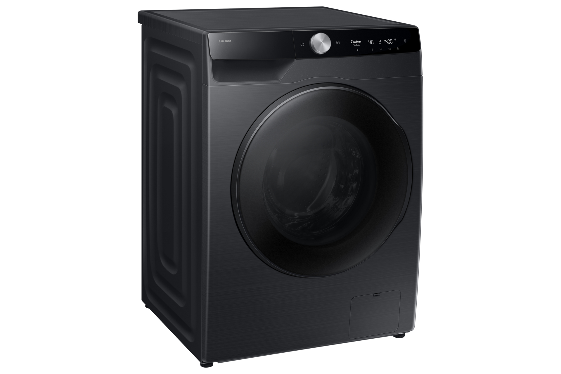 Schwarze Samsung Waschmaschine mit großer Fronttür und Bedienfeld.