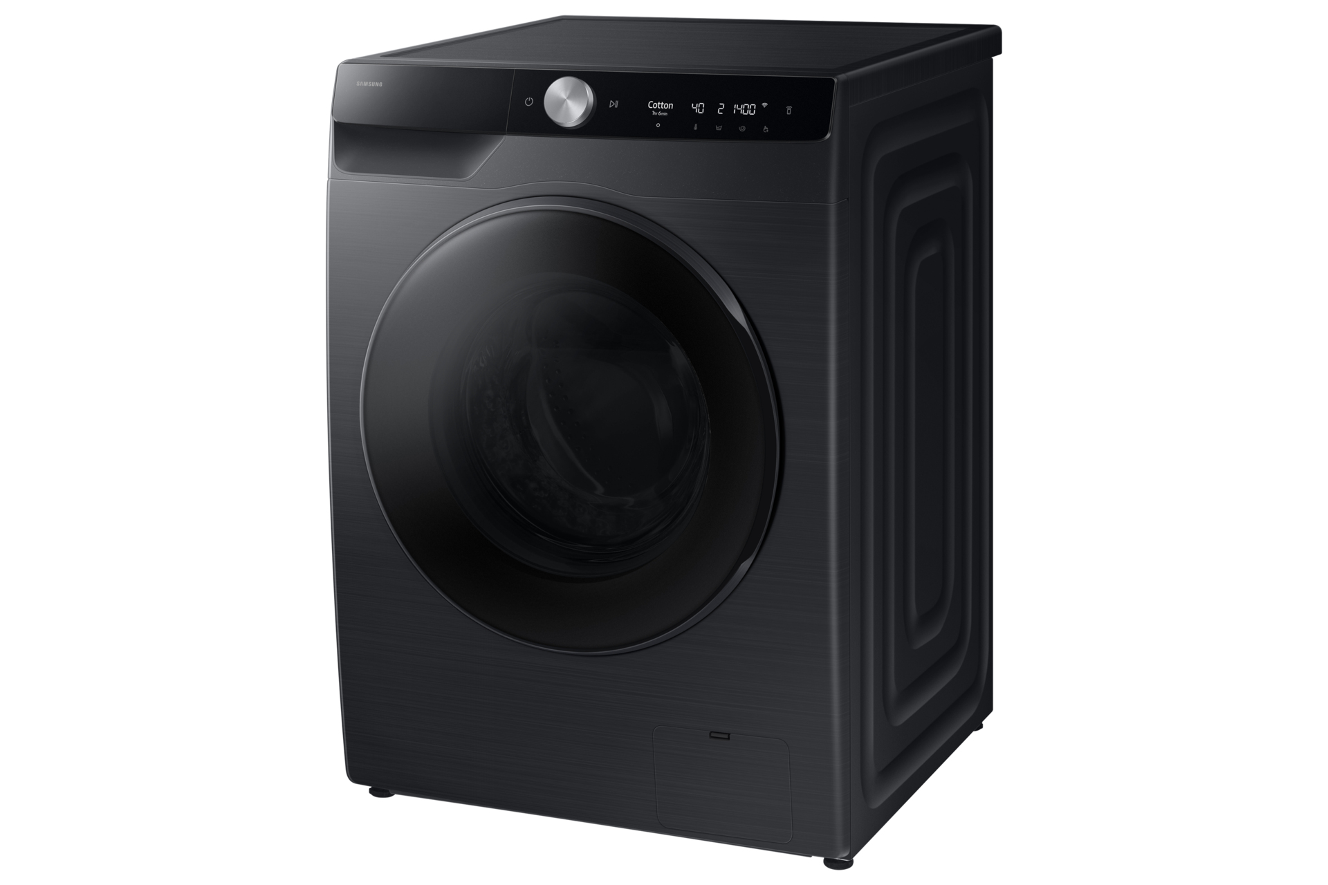 Eine schwarze Waschmaschine mit runder Tür und Bedienfeld oben.