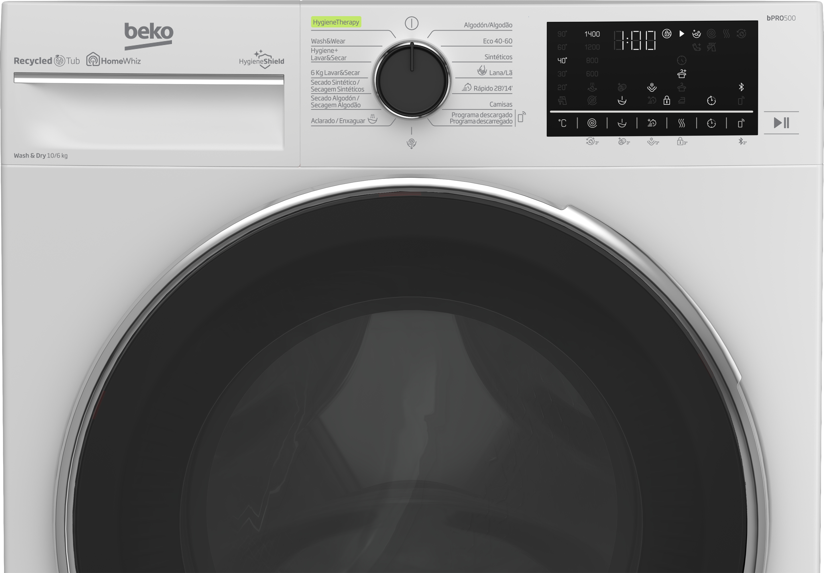 Pannello comandi lavatrice Beko, bianco con dettagli neri. Display e pulsanti visibili.