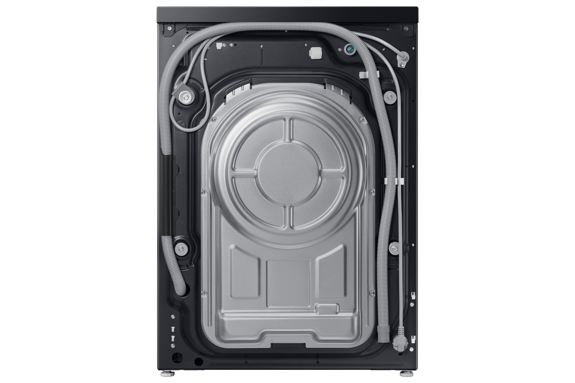 Tył czarnej pralki z rurami i srebrną osłoną bębna.