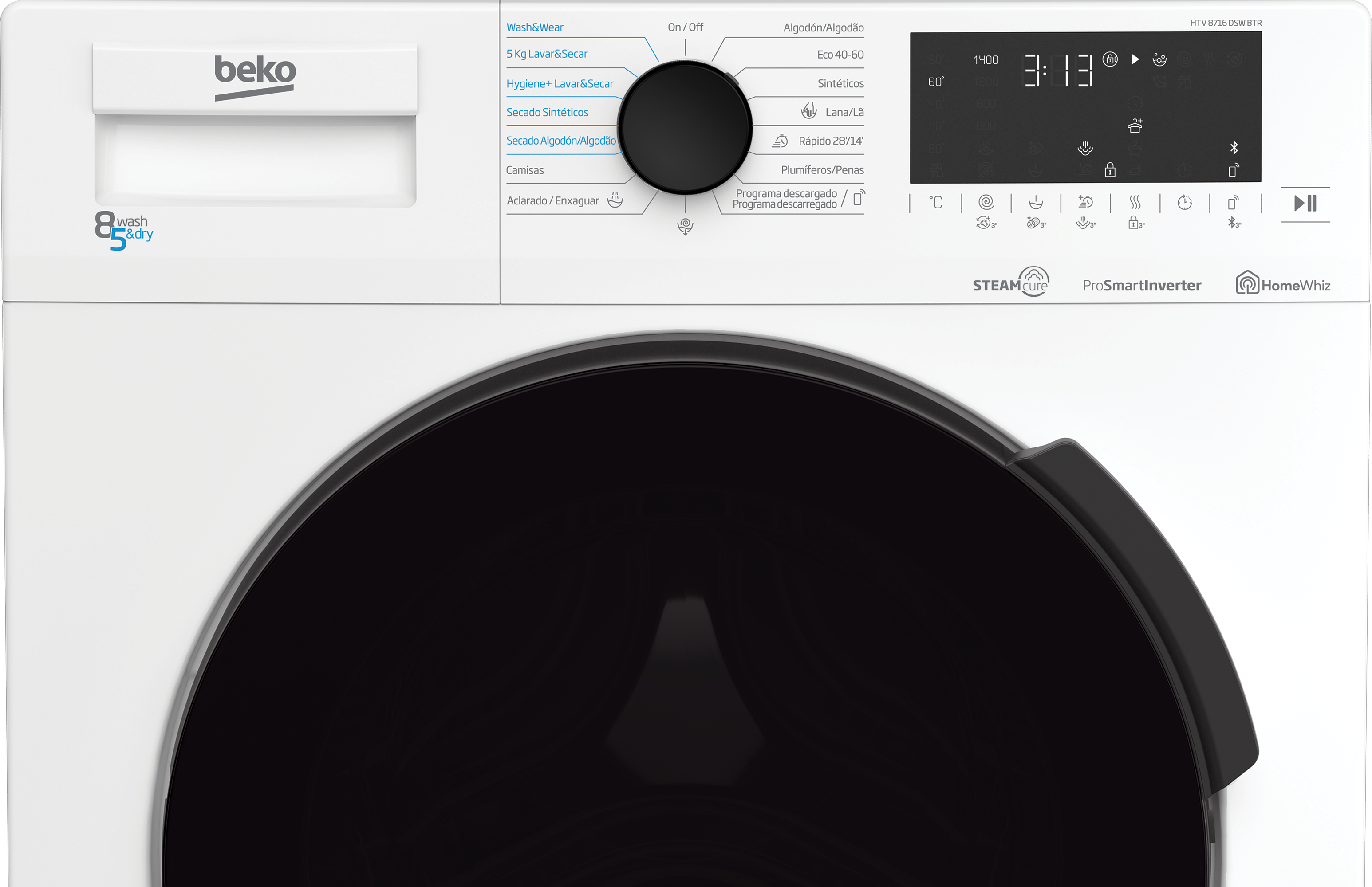 Pannello di controllo della lavatrice, bianco con dettagli neri. Visualizza impostazioni e orologio digitale.
