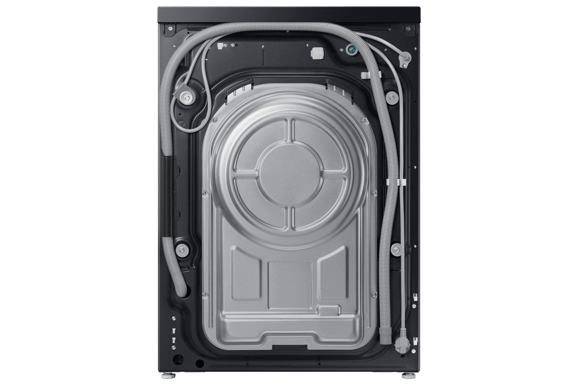 Tył pralki z widocznymi rurami i komponentami.