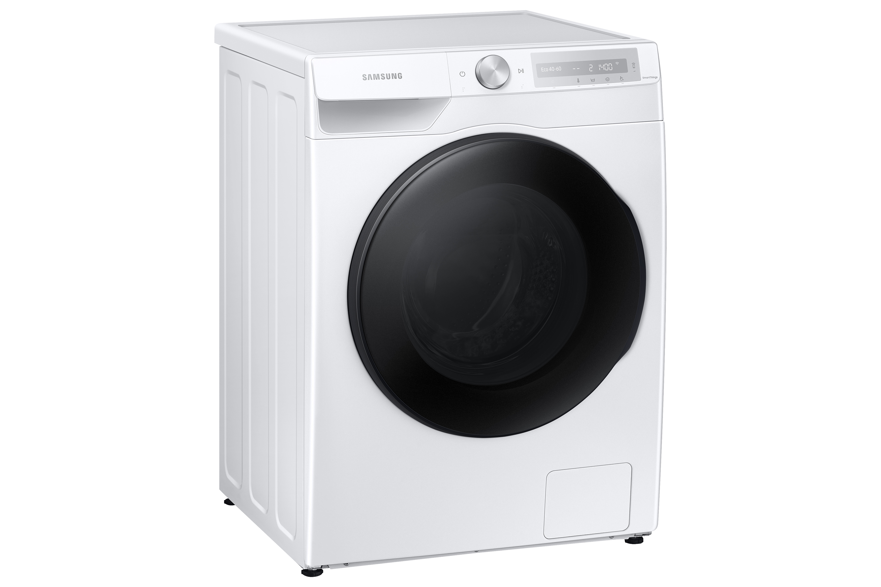 Una lavadora Samsung blanca con puerta negra y pantalla digital. Vista en ángulo.