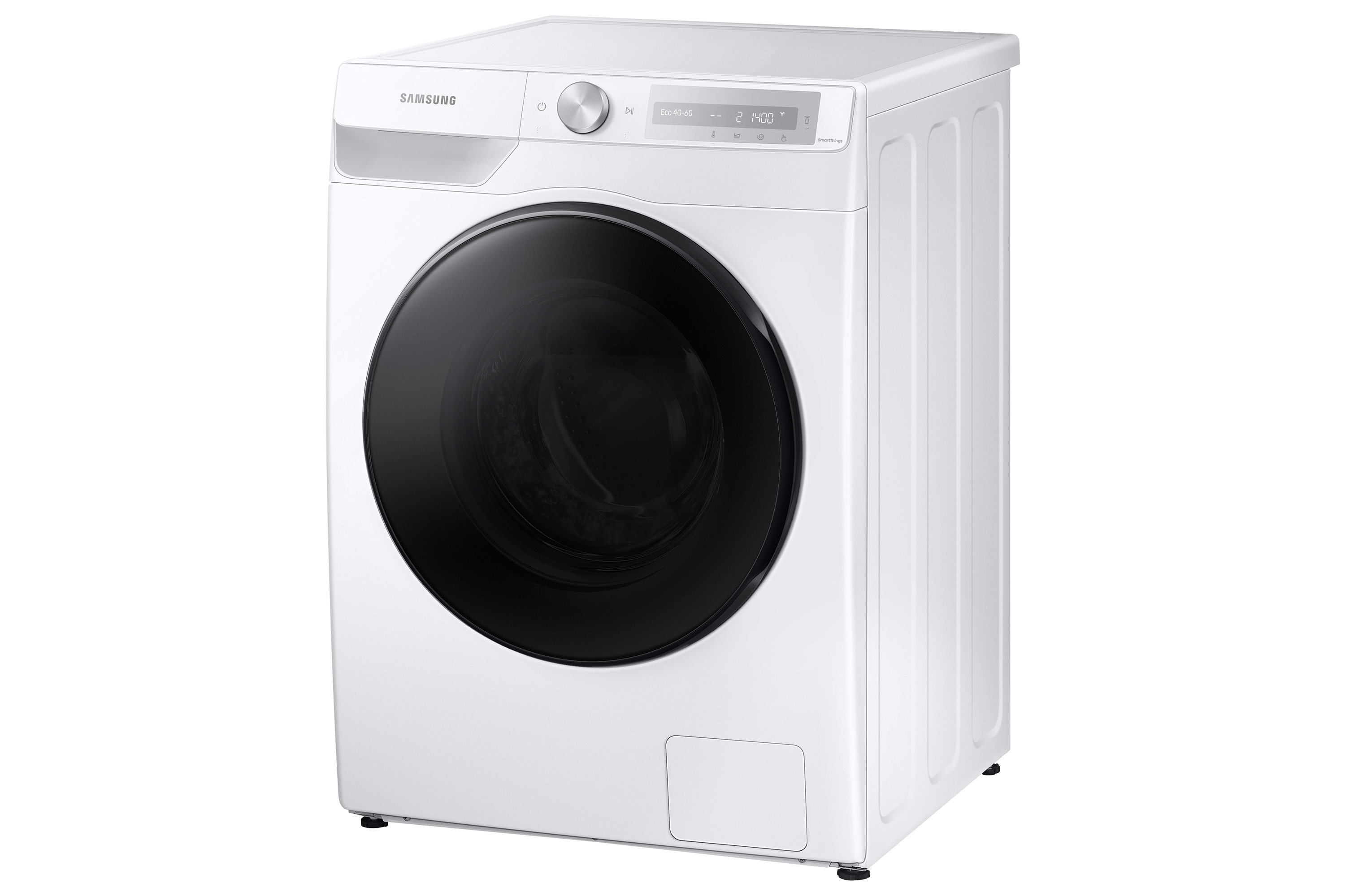 Lavadora Samsung blanca. Carga frontal con gran puerta negra. Panel de visualización y mando en la parte superior.