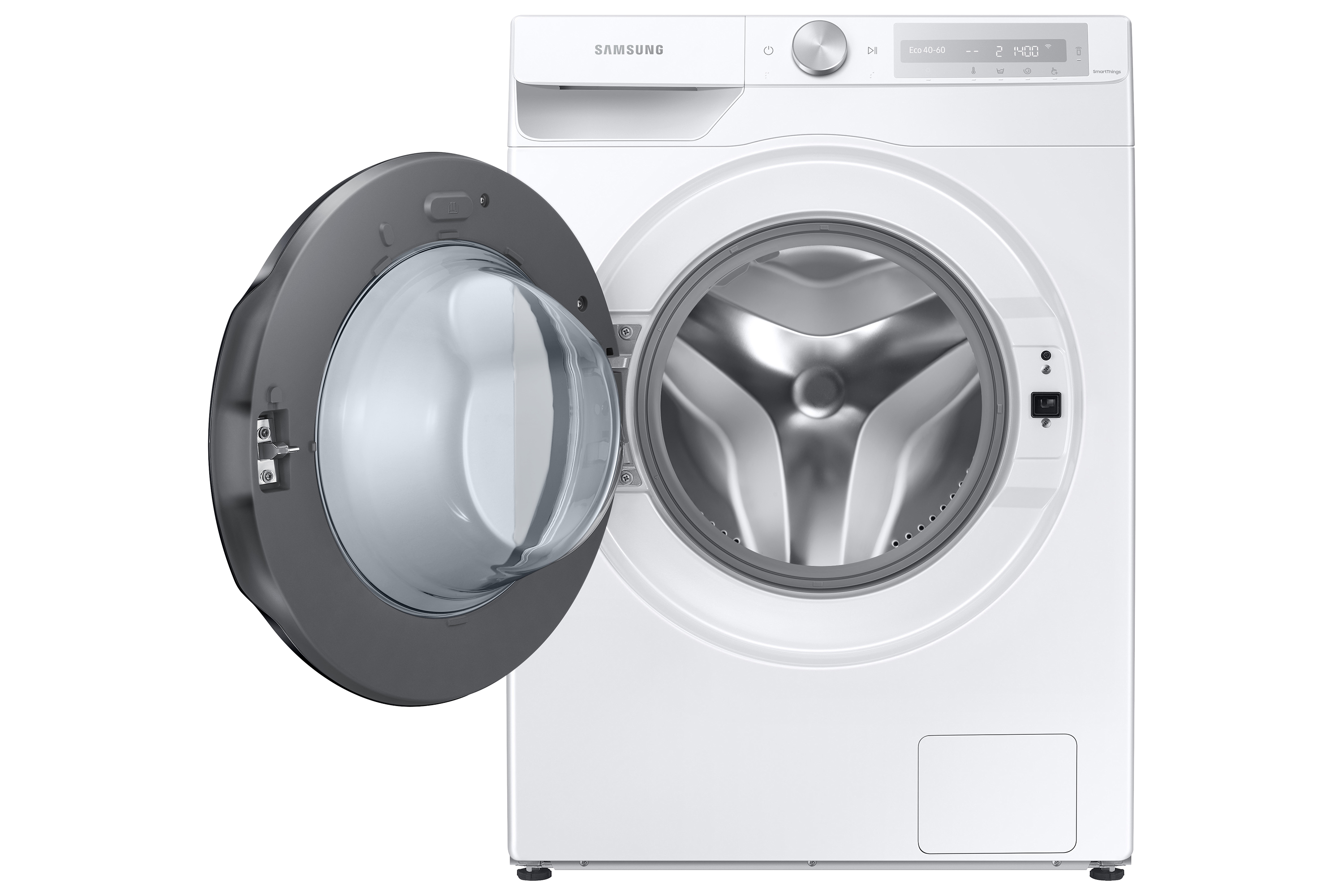 Lavadora Samsung blanca con puerta gris abierta, mostrando el tambor.