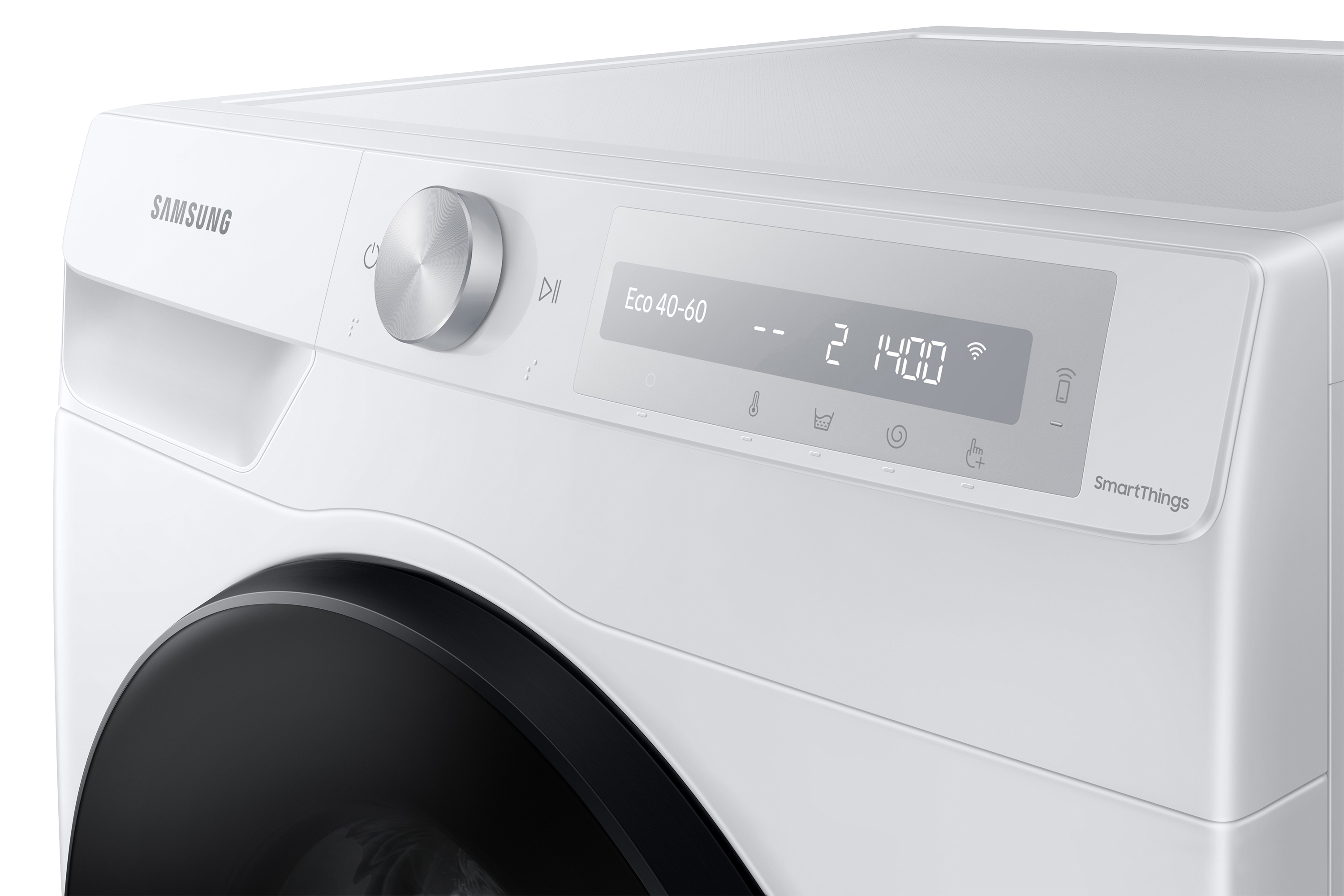 Primer plano del panel de control de una lavadora blanca. Muestra Eco 40-60 e icono Wi-Fi. SmartThings.