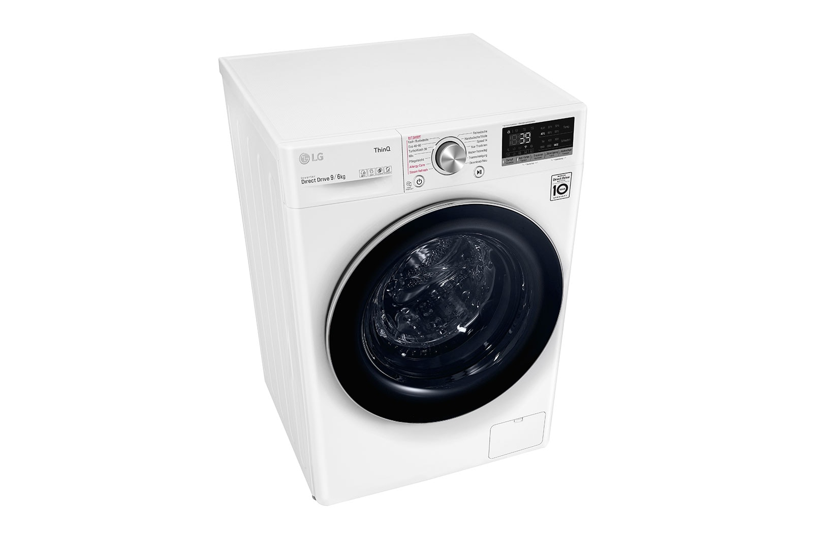 Weiße Waschmaschine mit schwarzer Tür und Bedienfeld, Draufsicht, weißer Hintergrund.