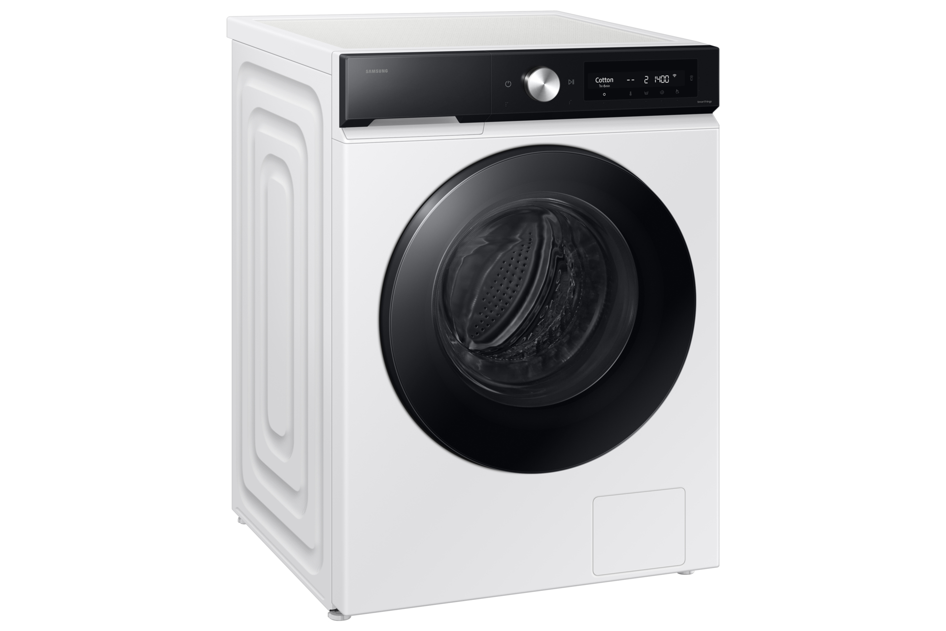 Eine weiße Waschmaschine mit schwarzer Tür und Digitalanzeige.