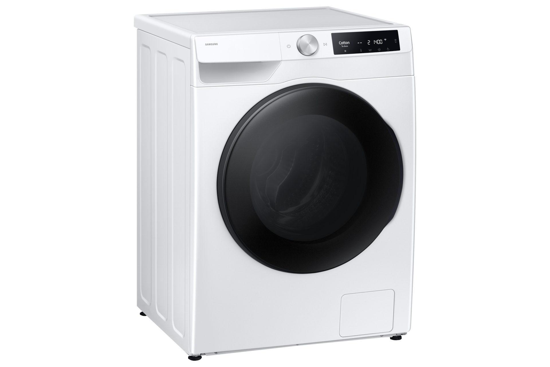 Weiße Samsung-Waschmaschine, Frontansicht, mit schwarzer Tür und Display.