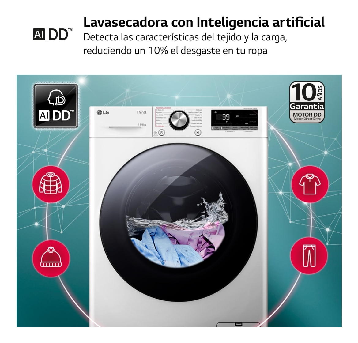 Biała pralka z przednimi drzwiami. Maszyna ma logo LG i kilka ikon.