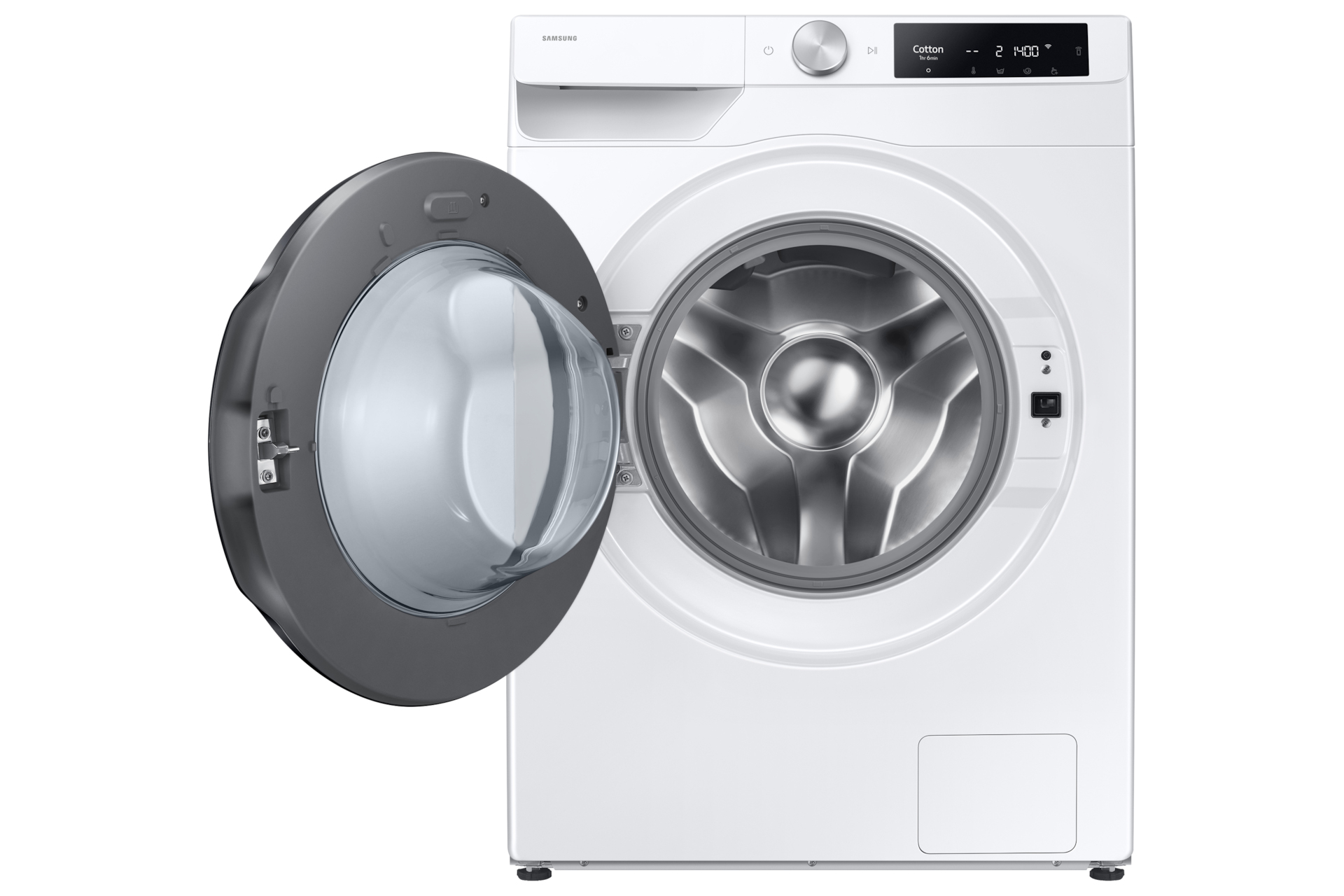 Eine weiße Samsung Waschmaschine mit geöffneter Tür, die den Trommelinnenraum zeigt.
