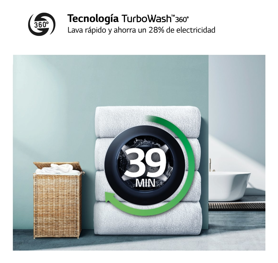 Reklama pralki: kosz na pranie z ręcznikami i 39-minutowy timer.