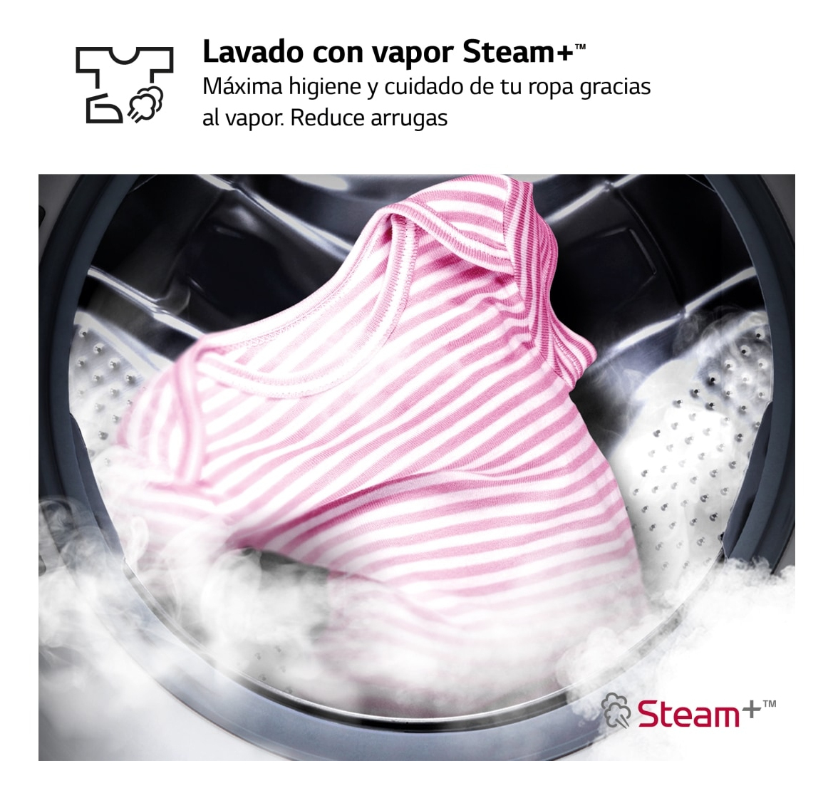 Różowe ubrania w paski w pralce z parą.