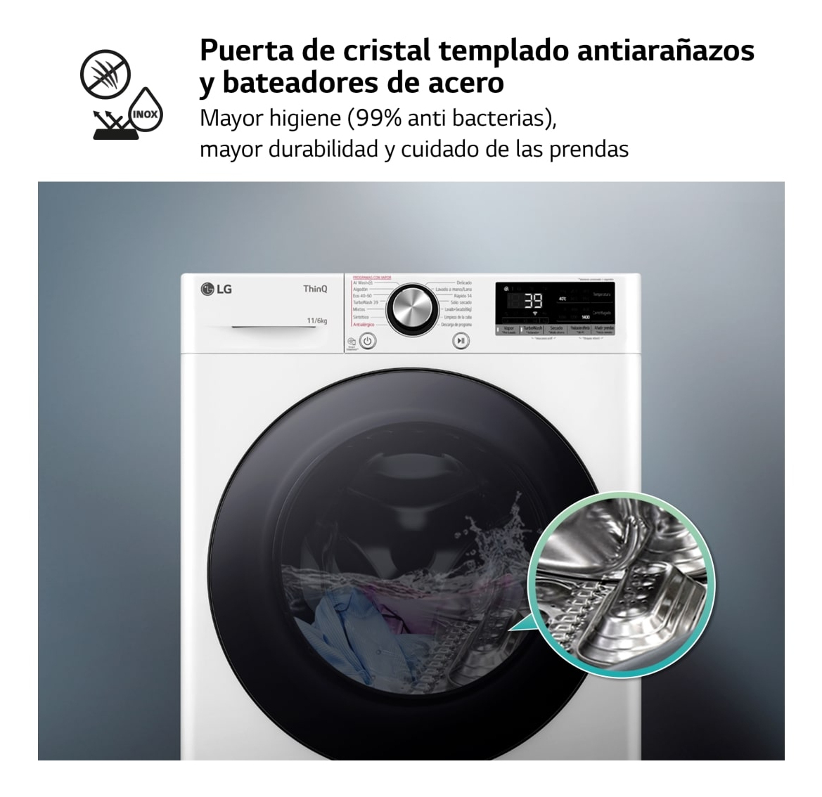 Pralka LG. Zbliżenie na bęben z ubraniami. Drzwi ze szkła odpornego na zarysowania.