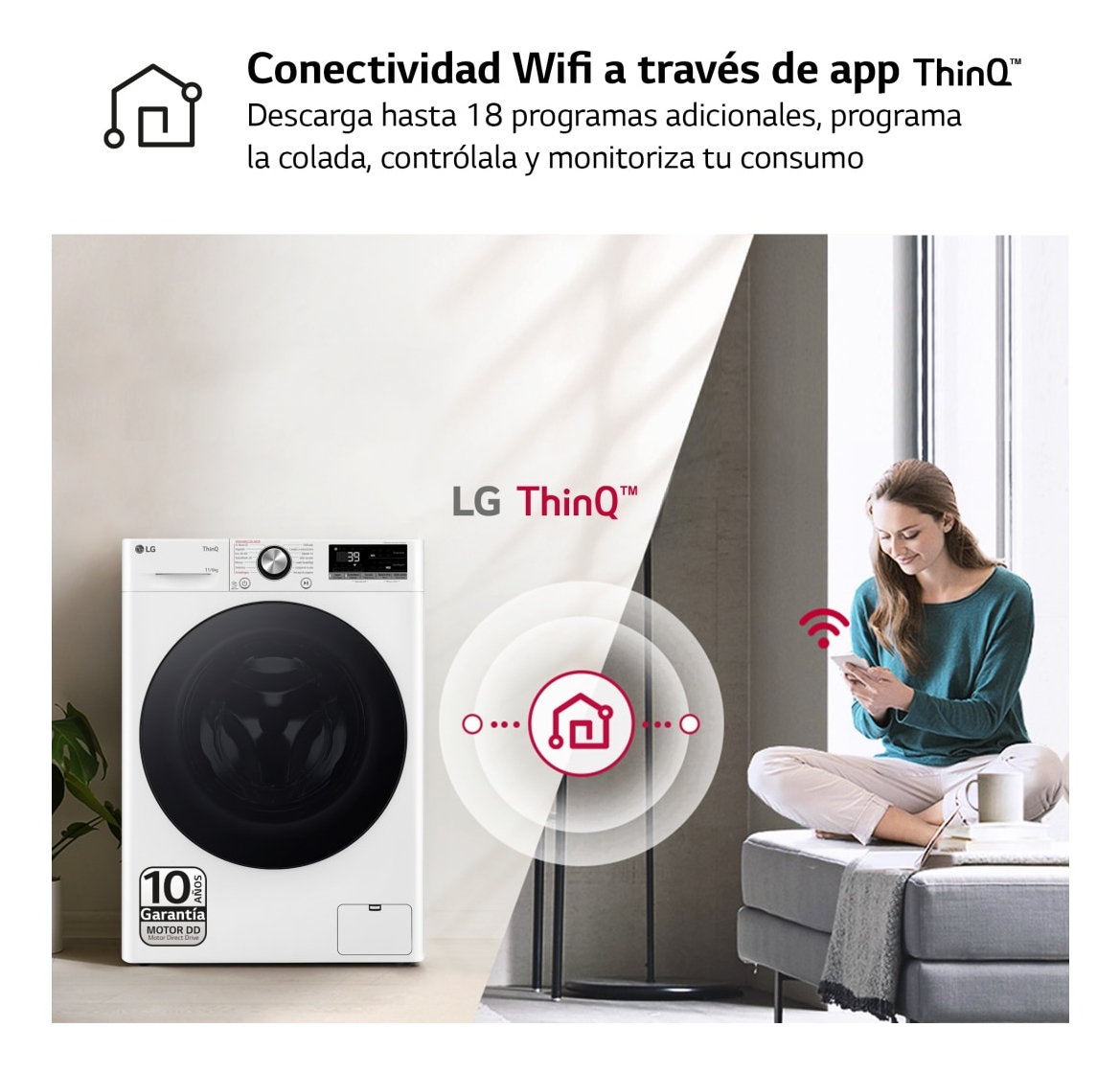 Kobieta używająca telefonu obok pralki z logo inteligentnego domu i 10-letnią gwarancją.