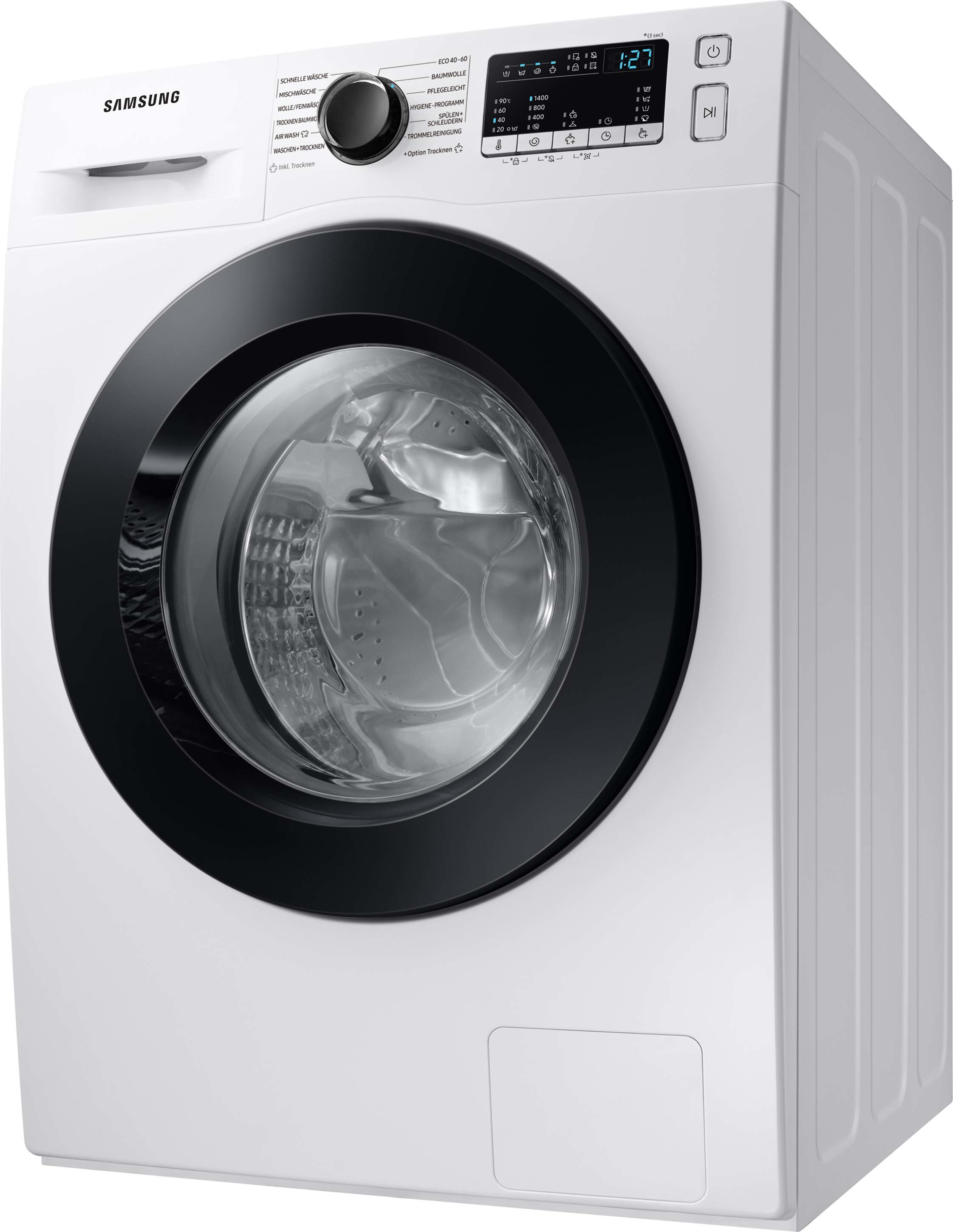 Weiße Samsung Waschmaschine mit schwarzer Tür und Bedienfeld, Winkelansicht. Das Gerät ist eingeschaltet.