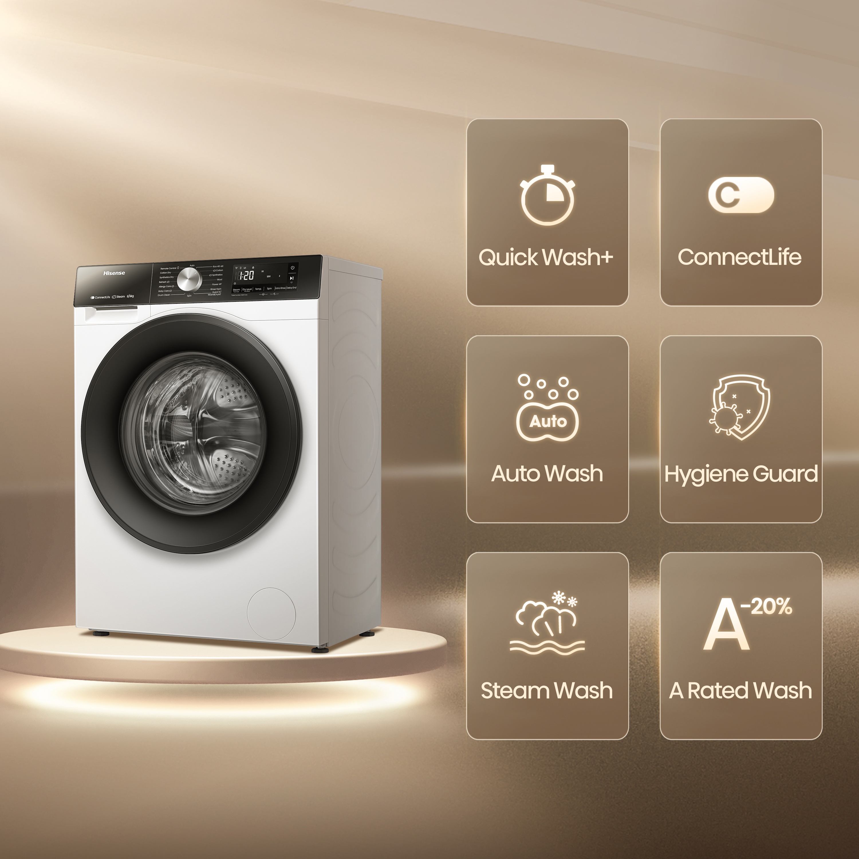 Una lavatrice bianca su una piattaforma, con icone per Quick Wash, ConnectLife e altre funzioni.