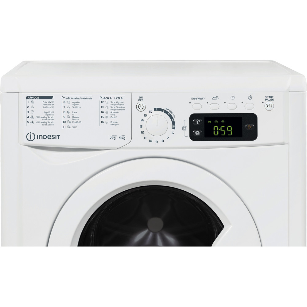 Panel de control de lavadora Indesit blanca. Incluye pantalla digital y ajustes de ciclo.
