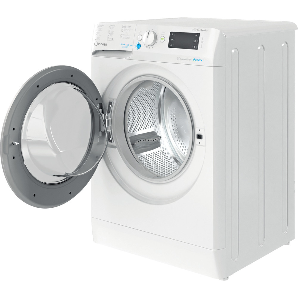 Lavadora Indesit blanca con puerta gris abierta; tambor interior visible.
