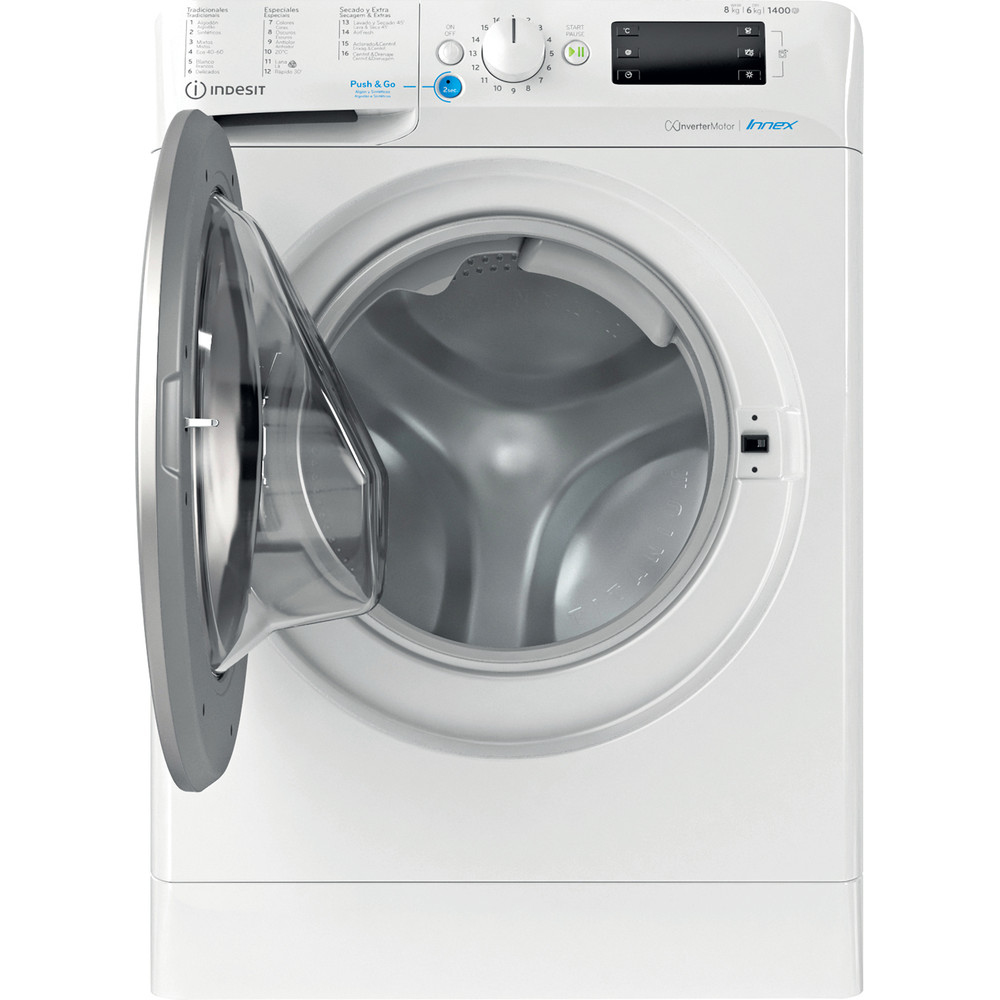Lavadora Indesit blanca con puerta abierta. La puerta es gris, revelando el tambor.