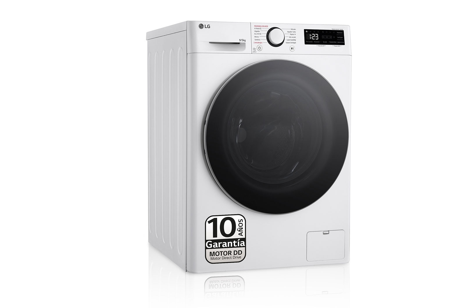 Biała pralka LG. Model ładowany od przodu z czarnymi drzwiami. Naklejka z 10-letnią gwarancją.
