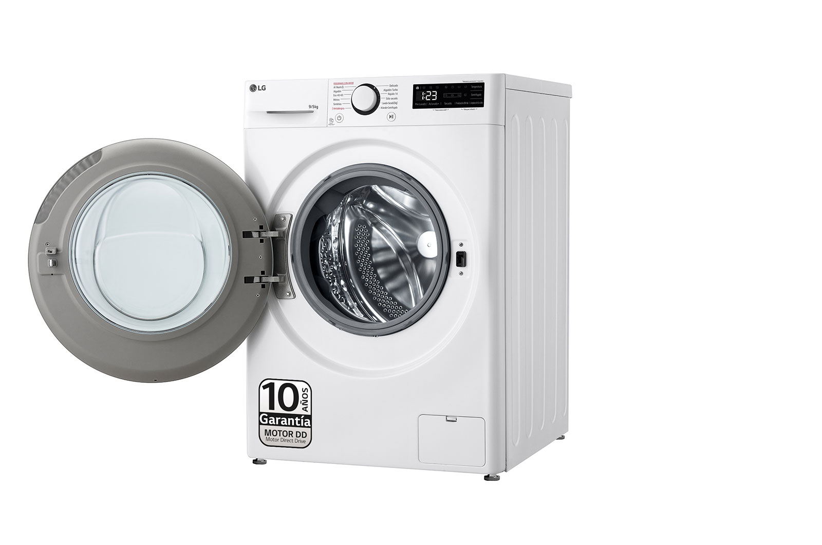 Srebrna pralka Whirlpool z czarnymi drzwiami. Jest zamknięta, a panel sterowania znajduje się na górze.