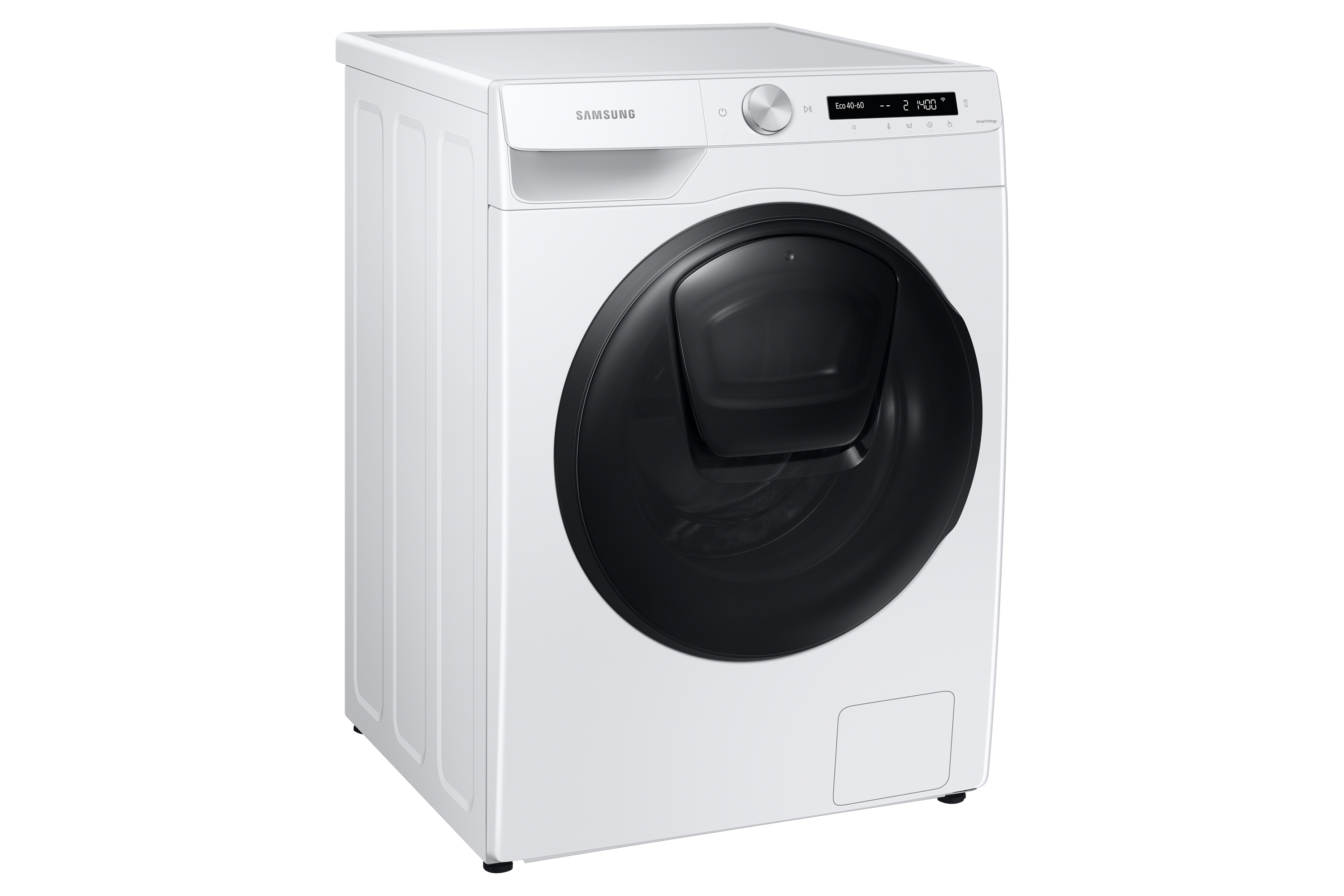Lavadora Samsung blanca, con puerta negra y pantalla frontal.