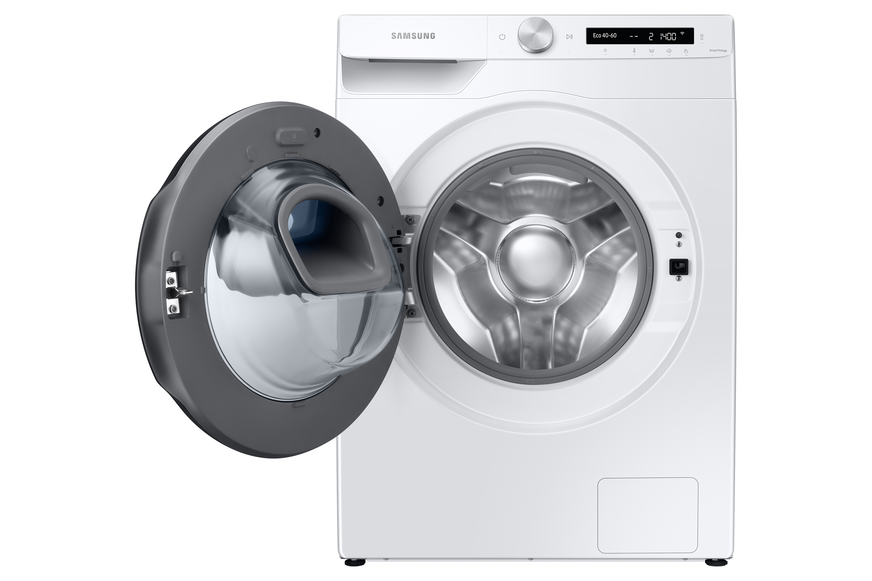 Lavadora blanca con puerta abierta. Marca Samsung visible.
