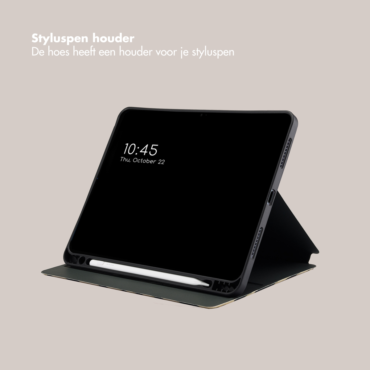 A tablet in a case with a stylus pen. The screen displays the time.
