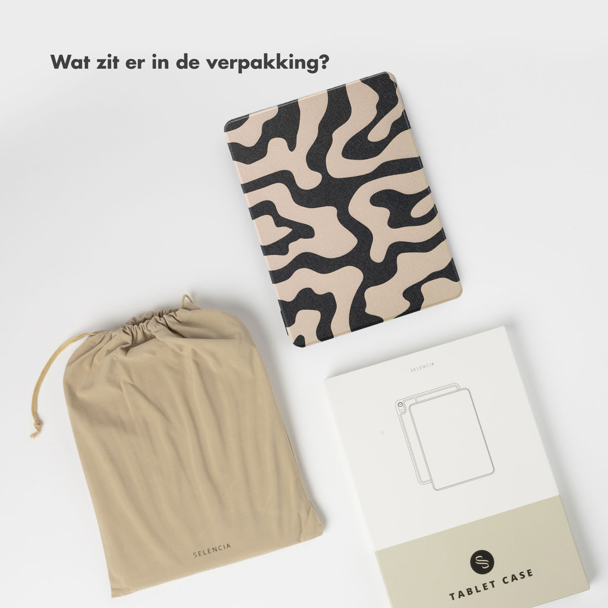 Beige pouch, tablet case with black and beige pattern, and a box.