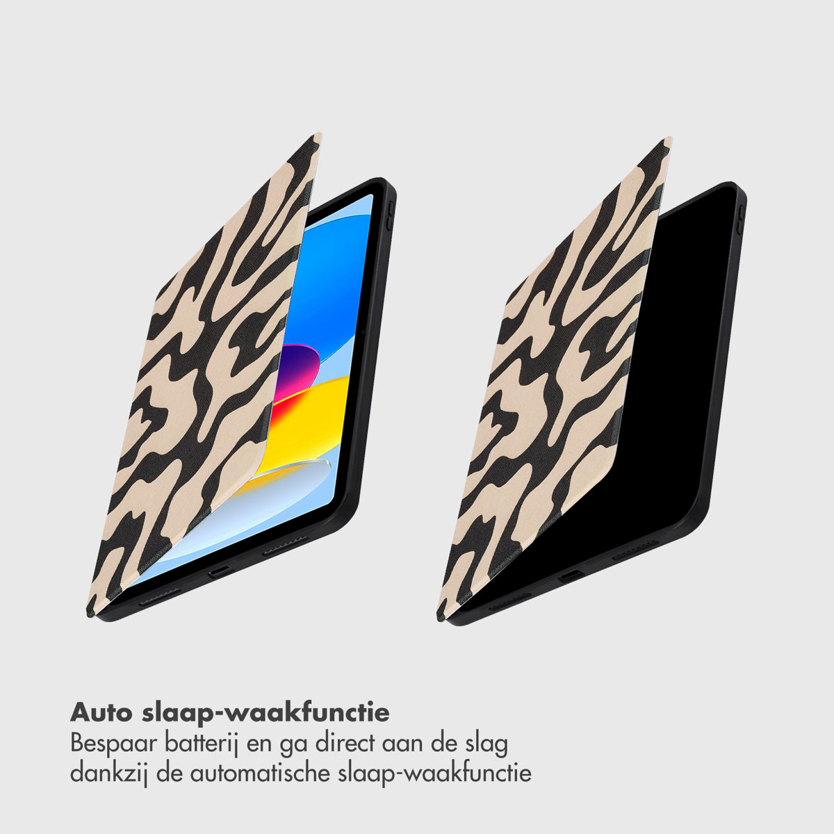 Tablet case with a zebra pattern, open, showing the tablet screen. Text overlay.