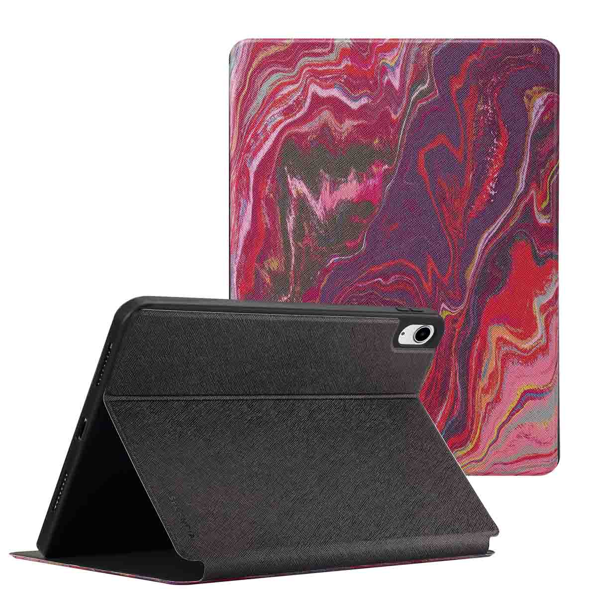 Tablethoes open, tablet tonen. Hoes zwart, cover heeft kleurrijk marmerpatroon.