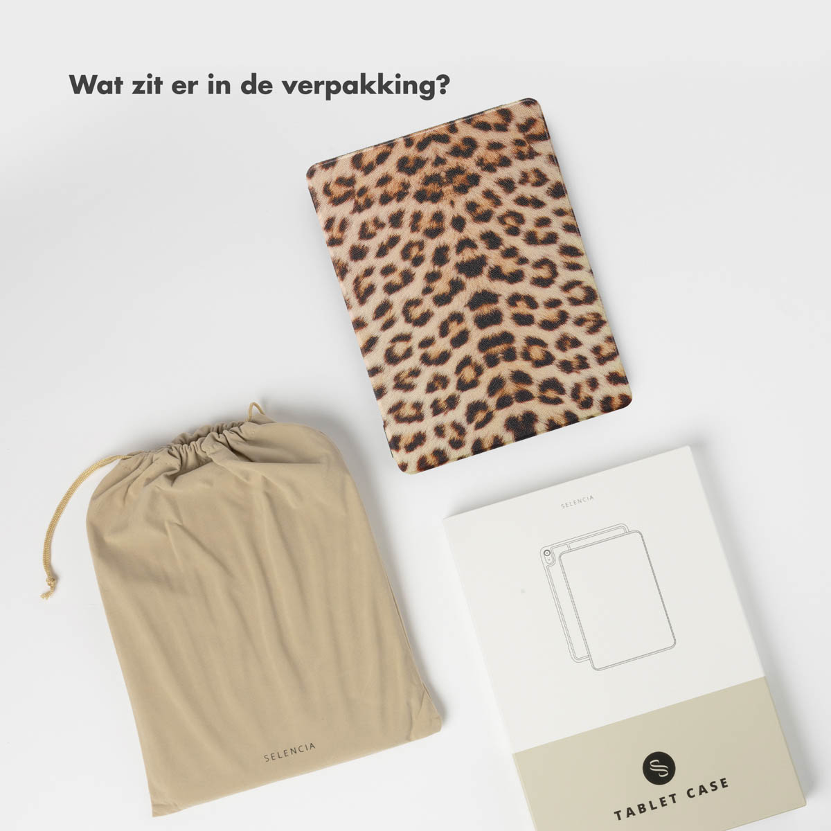 Contents of a tablet case package: tablet case, drawstring bag, and a white box with logo.