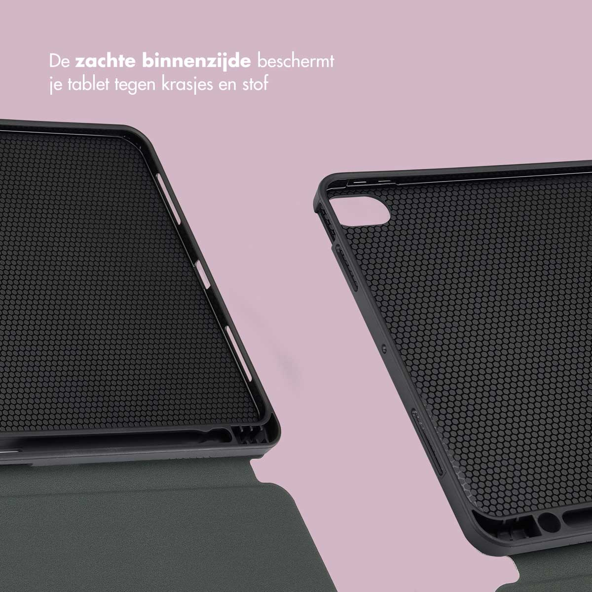 Close-up van de binnenkant van een tabletcase, met het binnenoppervlak en een zwart beschermend frame.
