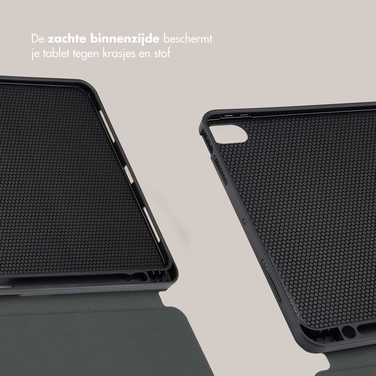 Open tablet case, showing the interior with a patterned surface.